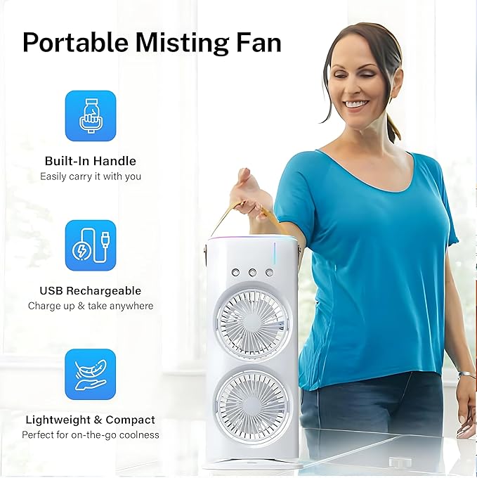 The Hustle Luxe 4000mAh Double Ended Spray Fan, Cold Air Fan, 2025 New 3 Gears USB Rechargeable Oscillating fan with LED Light Cooler Fan, Touch & Remote Control, 280ml Water Tank, Ice Filling Fan (White)