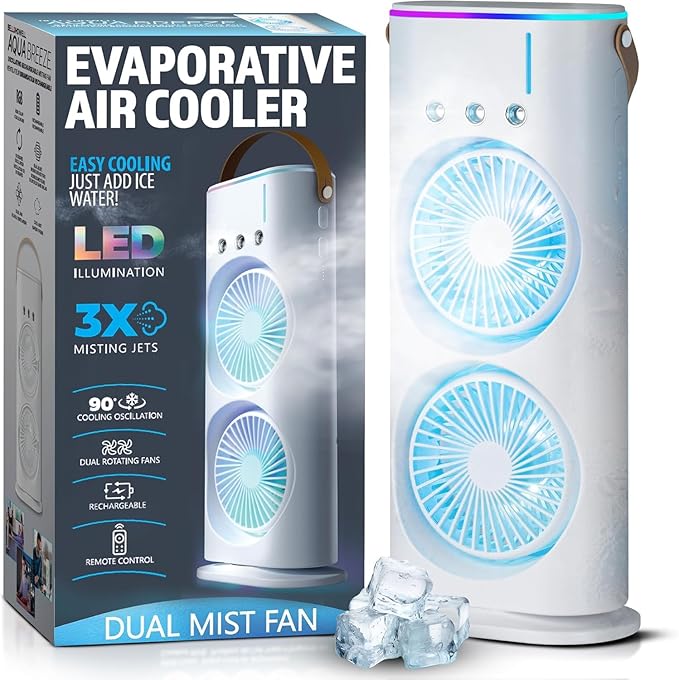 The Hustle Luxe 4000mAh Double Ended Spray Fan, Cold Air Fan, 2025 New 3 Gears USB Rechargeable Oscillating fan with LED Light Cooler Fan, Touch & Remote Control, 280ml Water Tank, Ice Filling Fan (White)