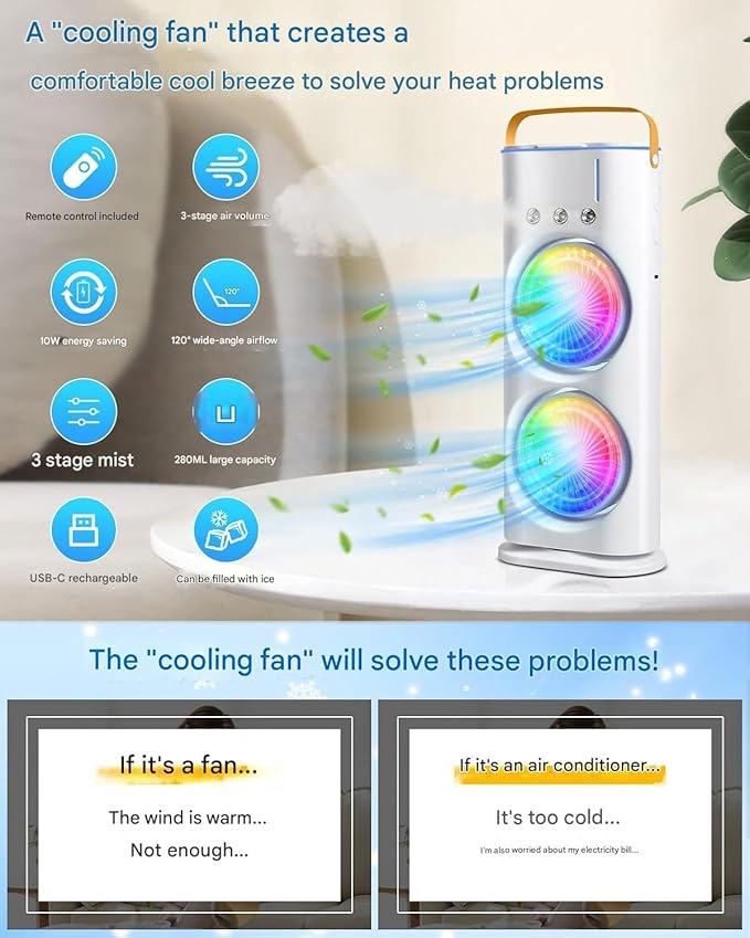 The Hustle Luxe 4000mAh Double Ended Spray Fan, Cold Air Fan, 2025 New 3 Gears USB Rechargeable Oscillating fan with LED Light Cooler Fan, Touch & Remote Control, 280ml Water Tank, Ice Filling Fan (White)