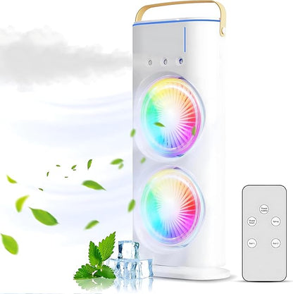 The Hustle Luxe 4000mAh Double Ended Spray Fan, Cold Air Fan, 2025 New 3 Gears USB Rechargeable Oscillating fan with LED Light Cooler Fan, Touch & Remote Control, 280ml Water Tank, Ice Filling Fan (White)