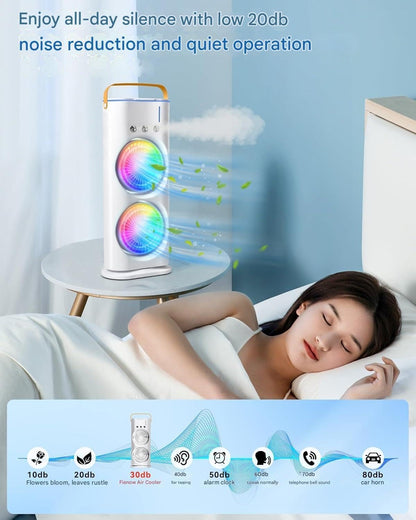 The Hustle Luxe 4000mAh Double Ended Spray Fan, Cold Air Fan, 2025 New 3 Gears USB Rechargeable Oscillating fan with LED Light Cooler Fan, Touch & Remote Control, 280ml Water Tank, Ice Filling Fan (White)