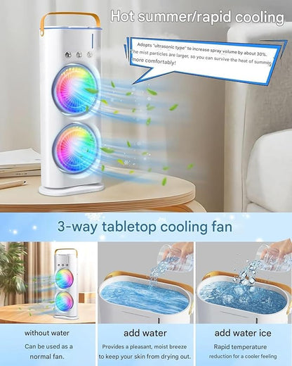 The Hustle Luxe 4000mAh Double Ended Spray Fan, Cold Air Fan, 2025 New 3 Gears USB Rechargeable Oscillating fan with LED Light Cooler Fan, Touch & Remote Control, 280ml Water Tank, Ice Filling Fan (White)