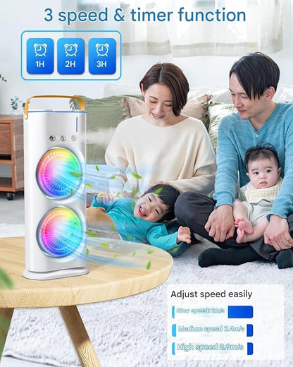 The Hustle Luxe 4000mAh Double Ended Spray Fan, Cold Air Fan, 2025 New 3 Gears USB Rechargeable Oscillating fan with LED Light Cooler Fan, Touch & Remote Control, 280ml Water Tank, Ice Filling Fan (White)