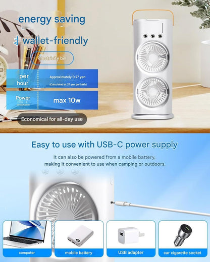 The Hustle Luxe 4000mAh Double Ended Spray Fan, Cold Air Fan, 2025 New 3 Gears USB Rechargeable Oscillating fan with LED Light Cooler Fan, Touch & Remote Control, 280ml Water Tank, Ice Filling Fan (White)