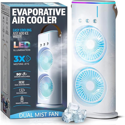 The Hustle Luxe 4000mAh Double Ended Spray Fan, Cold Air Fan, 2025 New 3 Gears USB Rechargeable Oscillating fan with LED Light Cooler Fan, Touch & Remote Control, 280ml Water Tank, Ice Filling Fan (White)