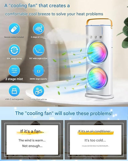 The Hustle Luxe 4000mAh Double Ended Spray Fan, Cold Air Fan, 2025 New 3 Gears USB Rechargeable Oscillating fan with LED Light Cooler Fan, Touch & Remote Control, 280ml Water Tank, Ice Filling Fan (White)