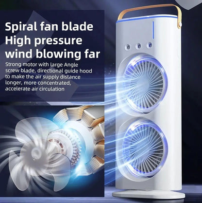 The Hustle Luxe 4000mAh Double Ended Spray Fan, Cold Air Fan, 2025 New 3 Gears USB Rechargeable Oscillating fan with LED Light Cooler Fan, Touch & Remote Control, 280ml Water Tank, Ice Filling Fan (White)
